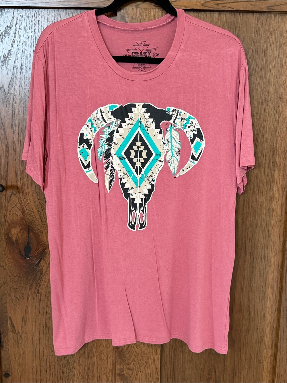 Crazy Train Pink Short Sleeve Tee with Southwestern Ram Skull Graphic